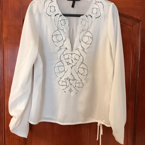 BCBG MaxAzria White, Poet Sleeve, Cut Out Design Front, Drawstring Waist Blouse - Picture 2 of 6